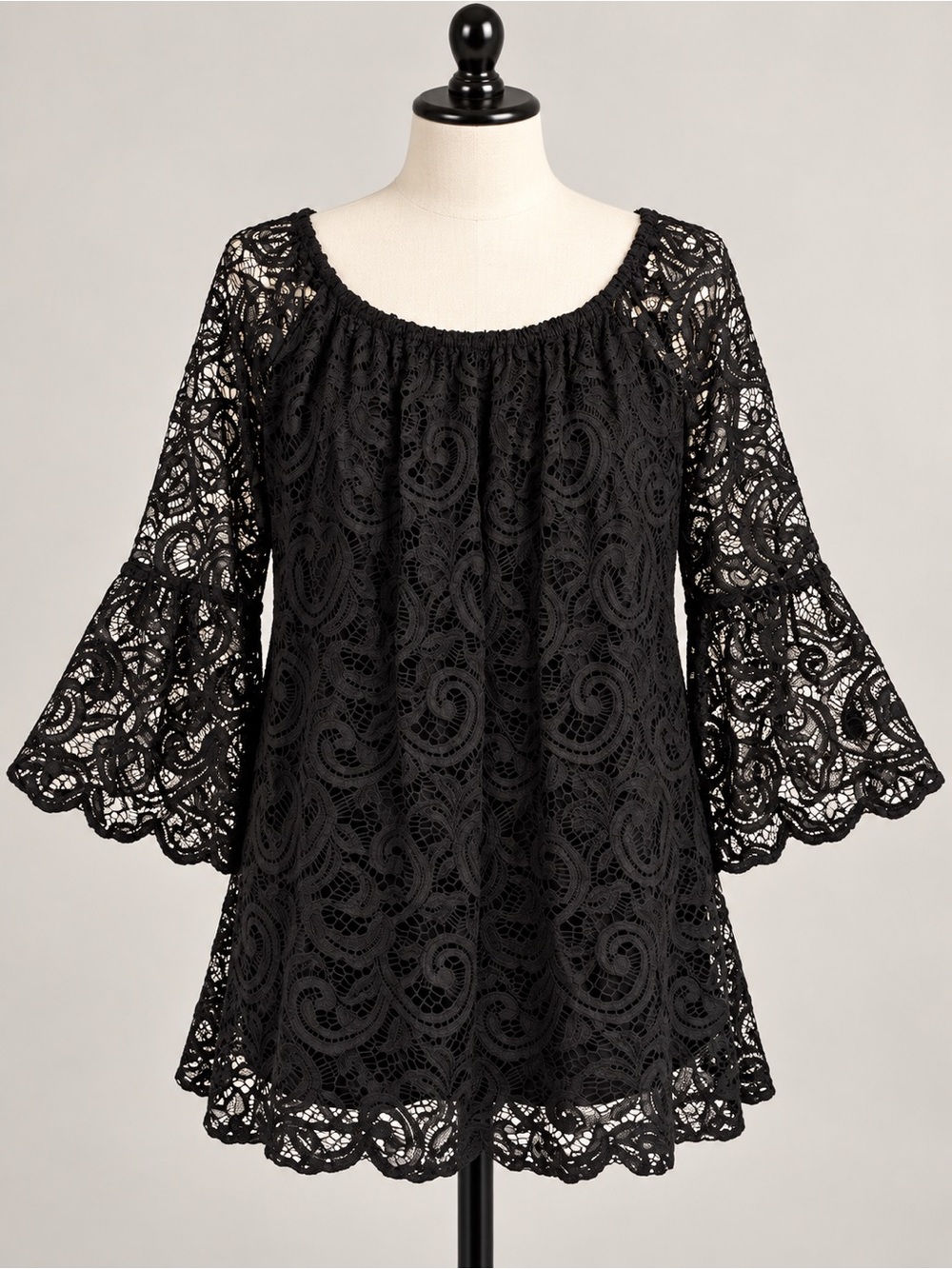 Black Paisley Lace Bell Sleeve Tunic Top Win Win L–XL
